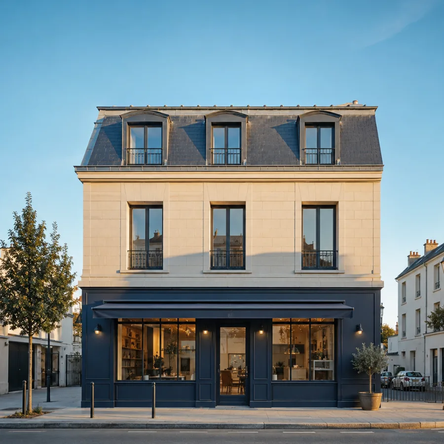 Un petit batiment tertiaire francais : commerce en rez-de-chaussee et bureaux a l'etage.