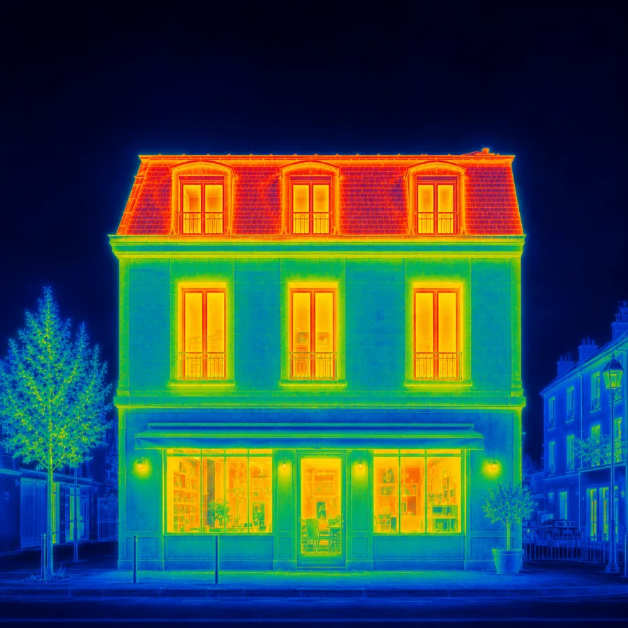 Le meme batiment en vision thermique : le rouge et l'orange signalent les deperditions de chaleur (toiture et fenetres).
